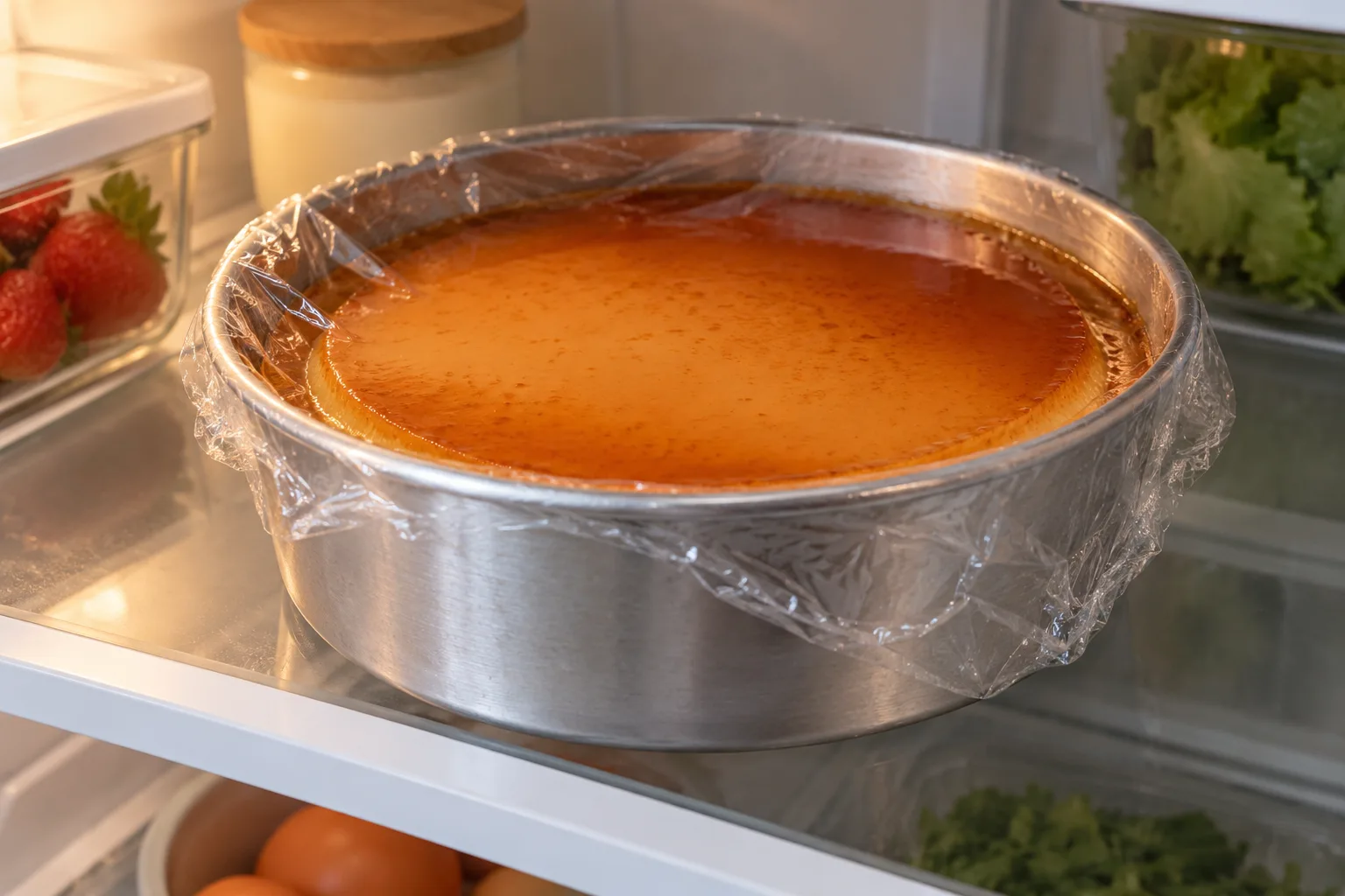Flan enfriándose en su molde dentro de la nevera