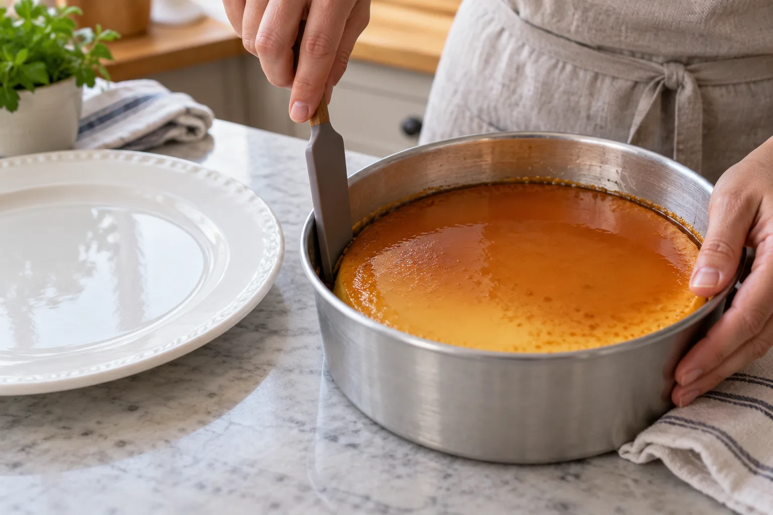 Espátula fina separando el borde del flan del molde