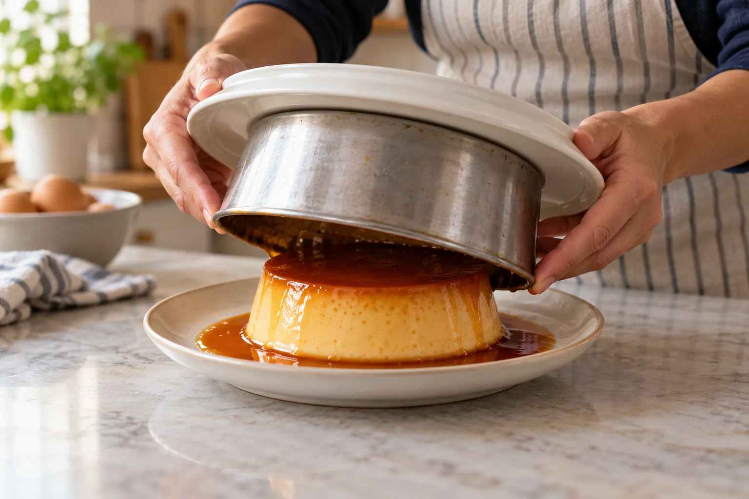Molde de flan invertido sobre un plato con reborde