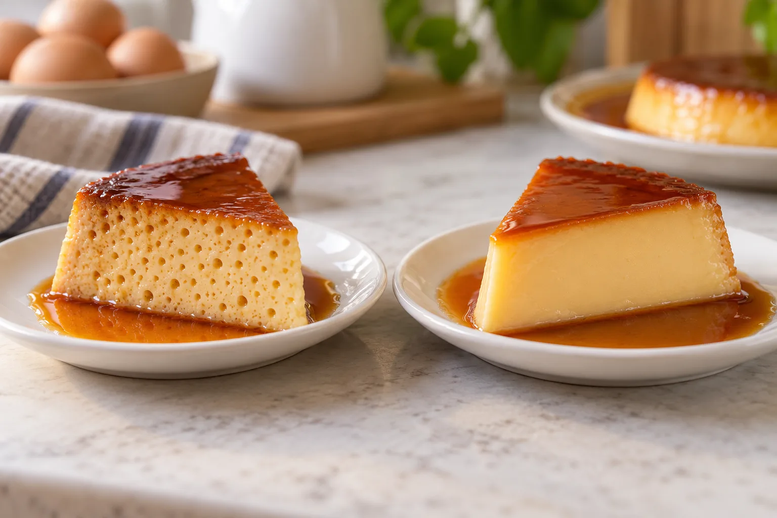 Comparación entre un flan con agujeros y otro de textura lisa