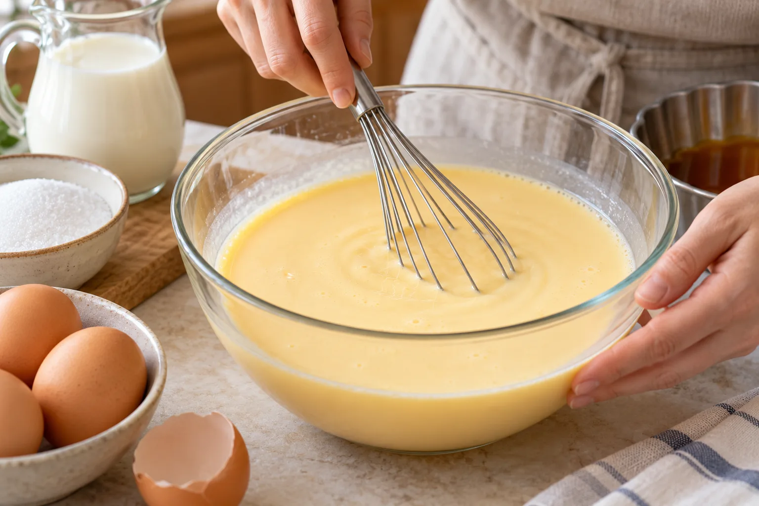 Mezcla de huevos, leche y azúcar removida sin formar espuma