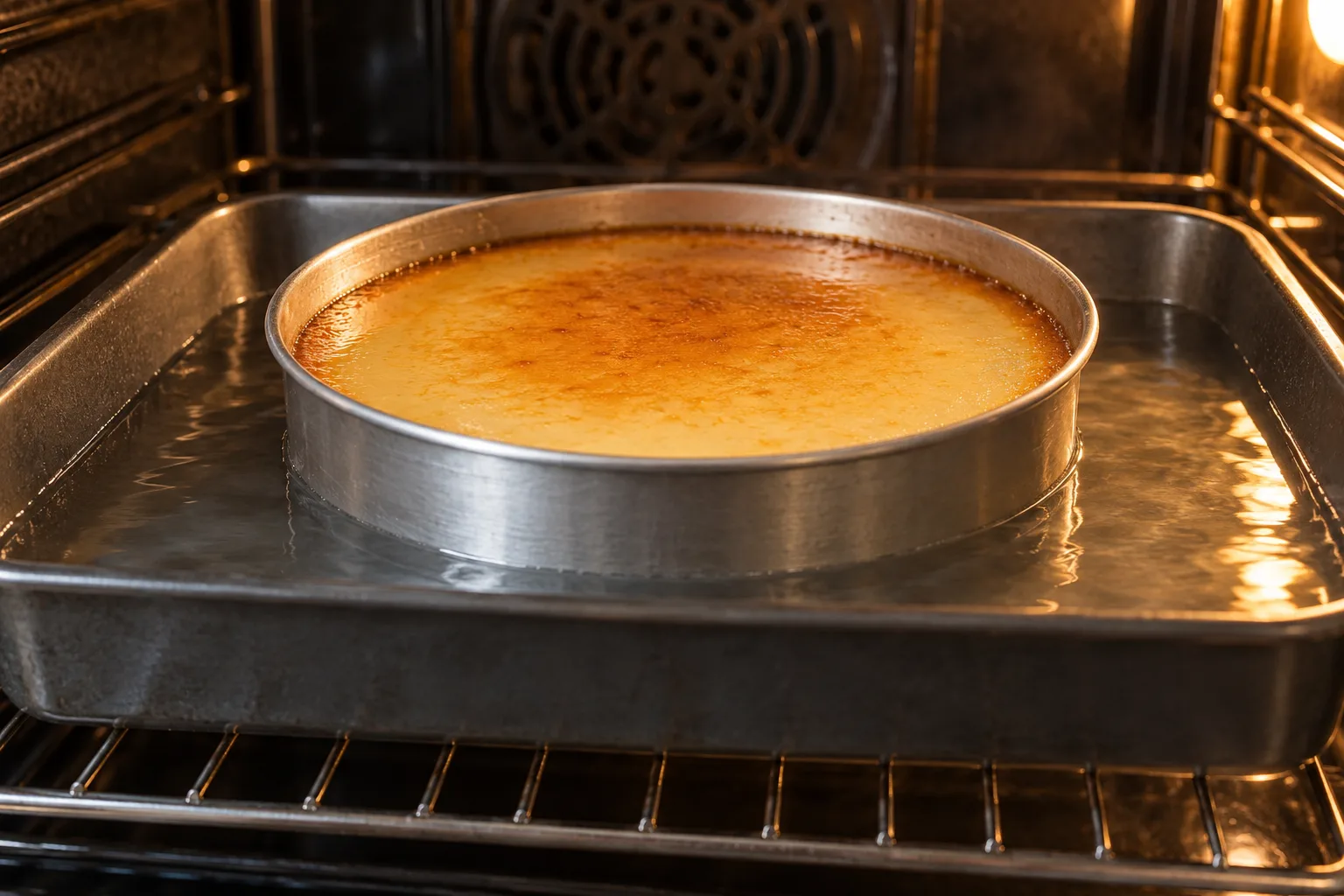 Molde de flan en un baño María con agua a media altura