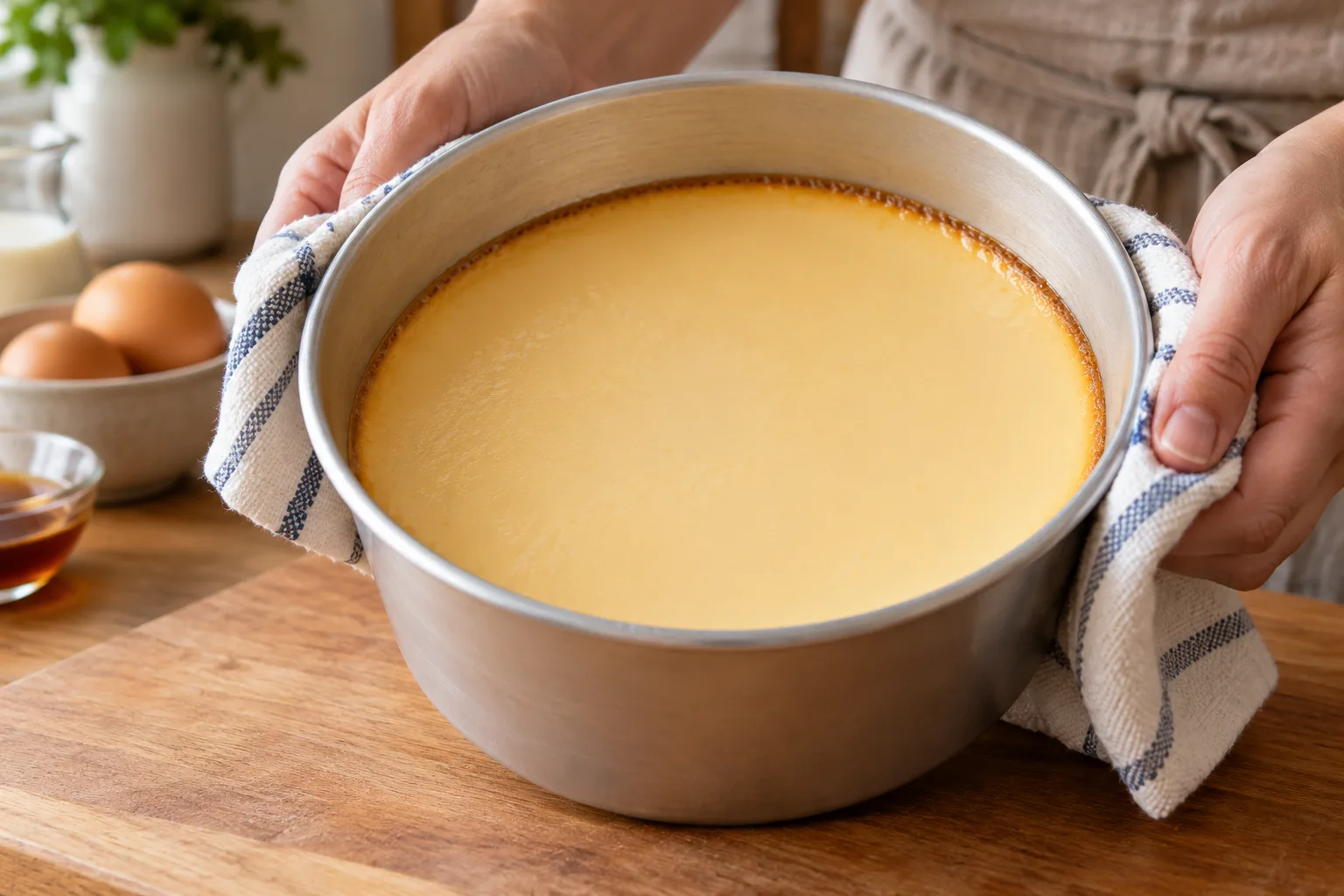 Flan cuajado en los bordes y ligeramente blando en el centro