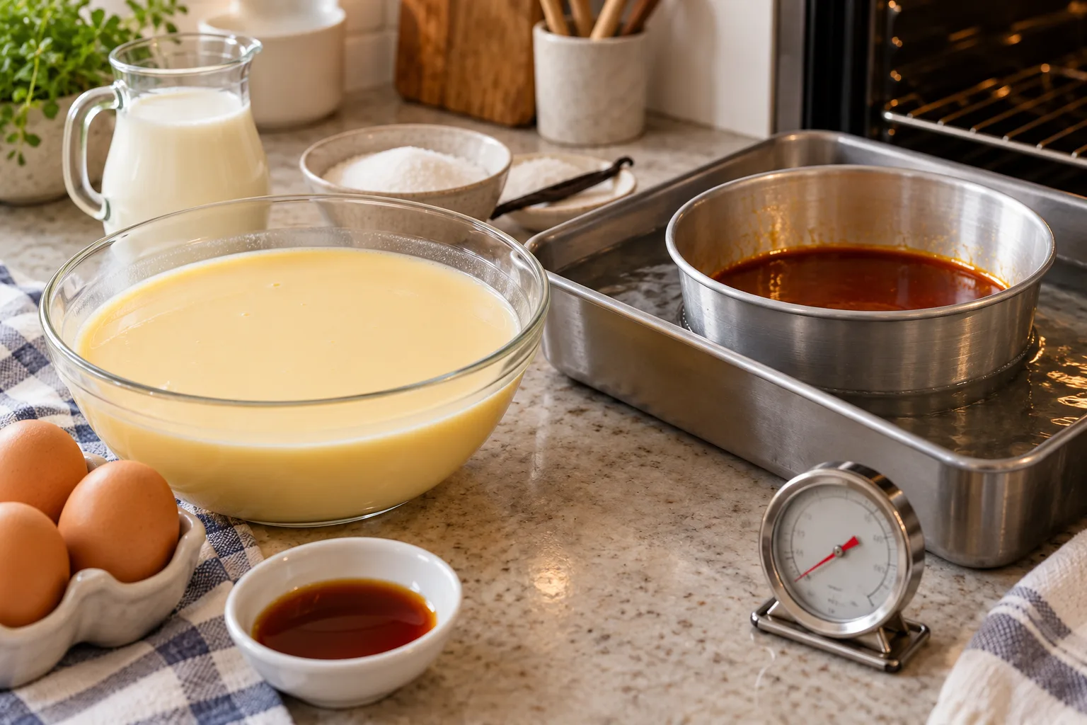 Ingredientes y utensilios preparados para hacer un flan sin burbujas