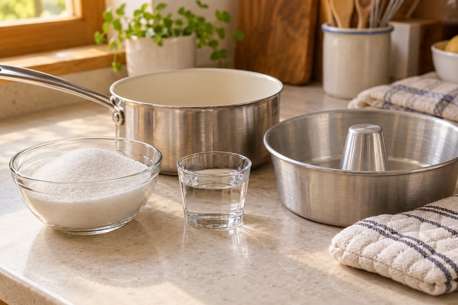 Azúcar, agua, cazo y molde preparados para hacer caramelo para flan