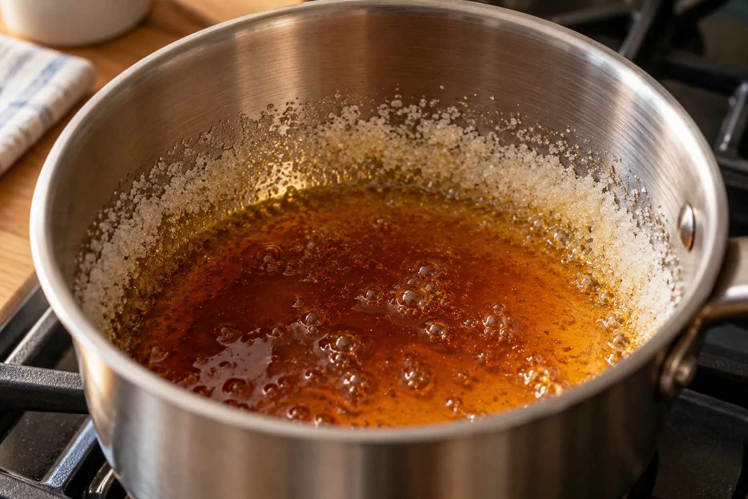 Cristales de azúcar en el borde del cazo al preparar caramelo