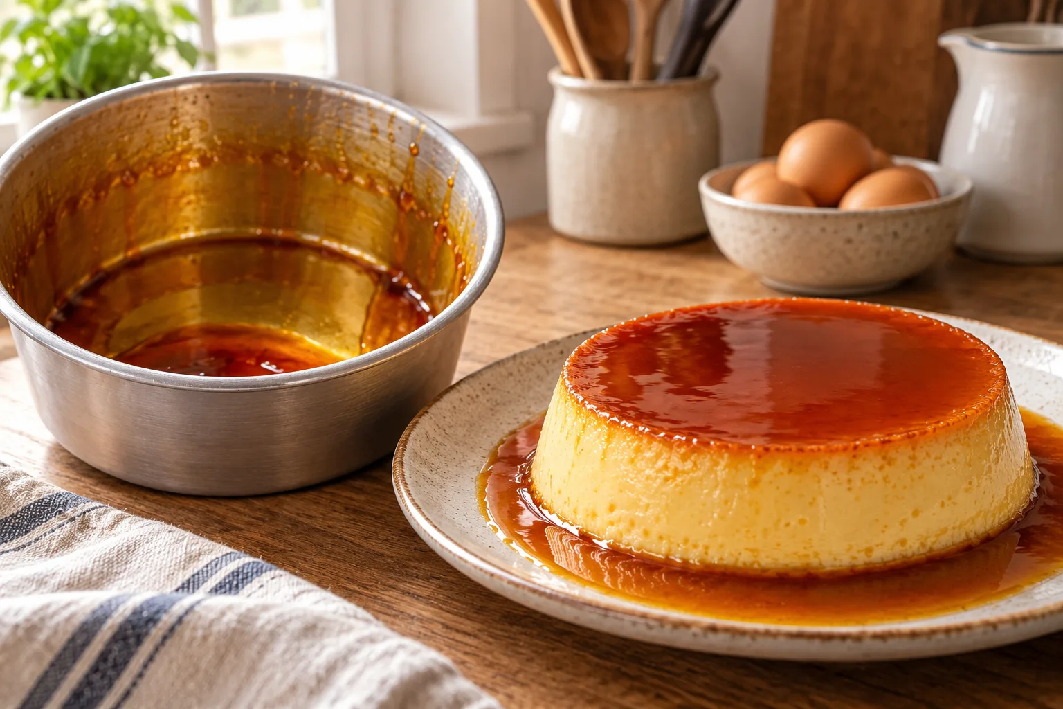 Molde caramelizado junto a un flan desmoldado con salsa