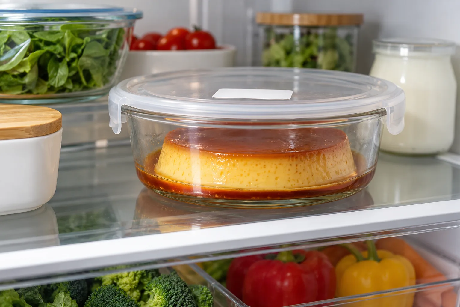 Flan casero tapado y guardado en una balda de la nevera