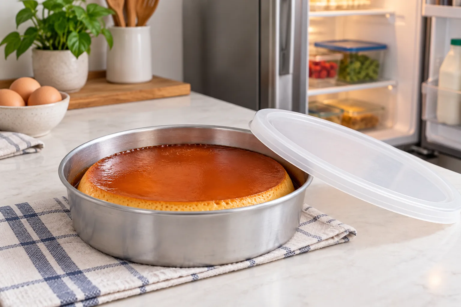 Flan en su molde enfriándose antes de cubrirlo y refrigerarlo