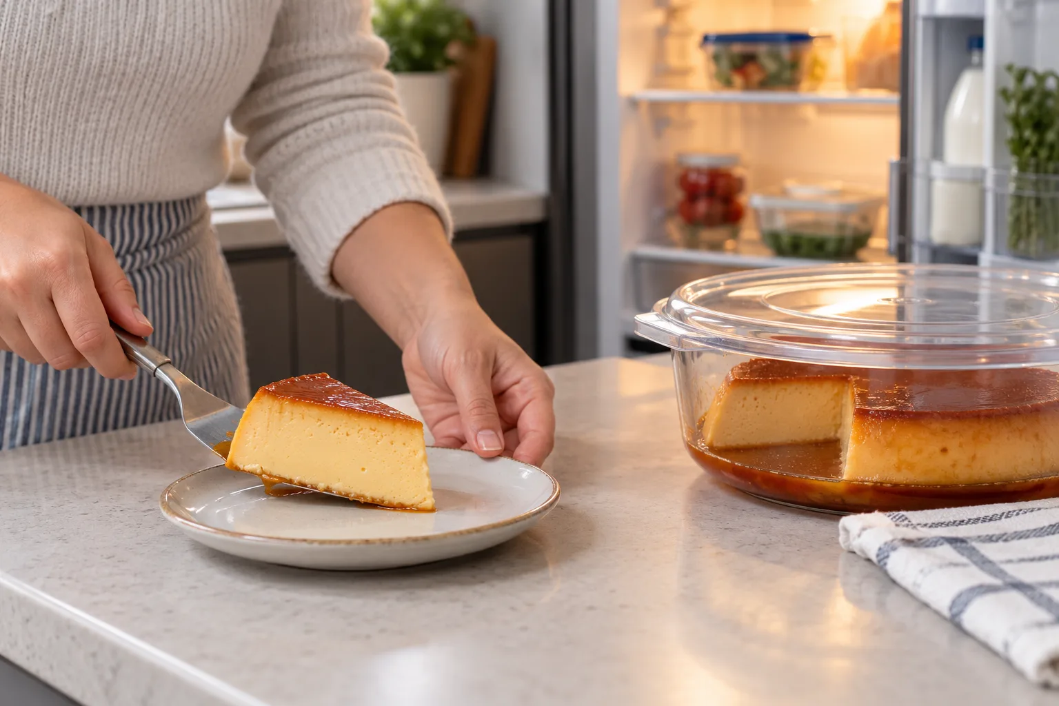 Una porción de flan servida mientras el resto permanece tapado