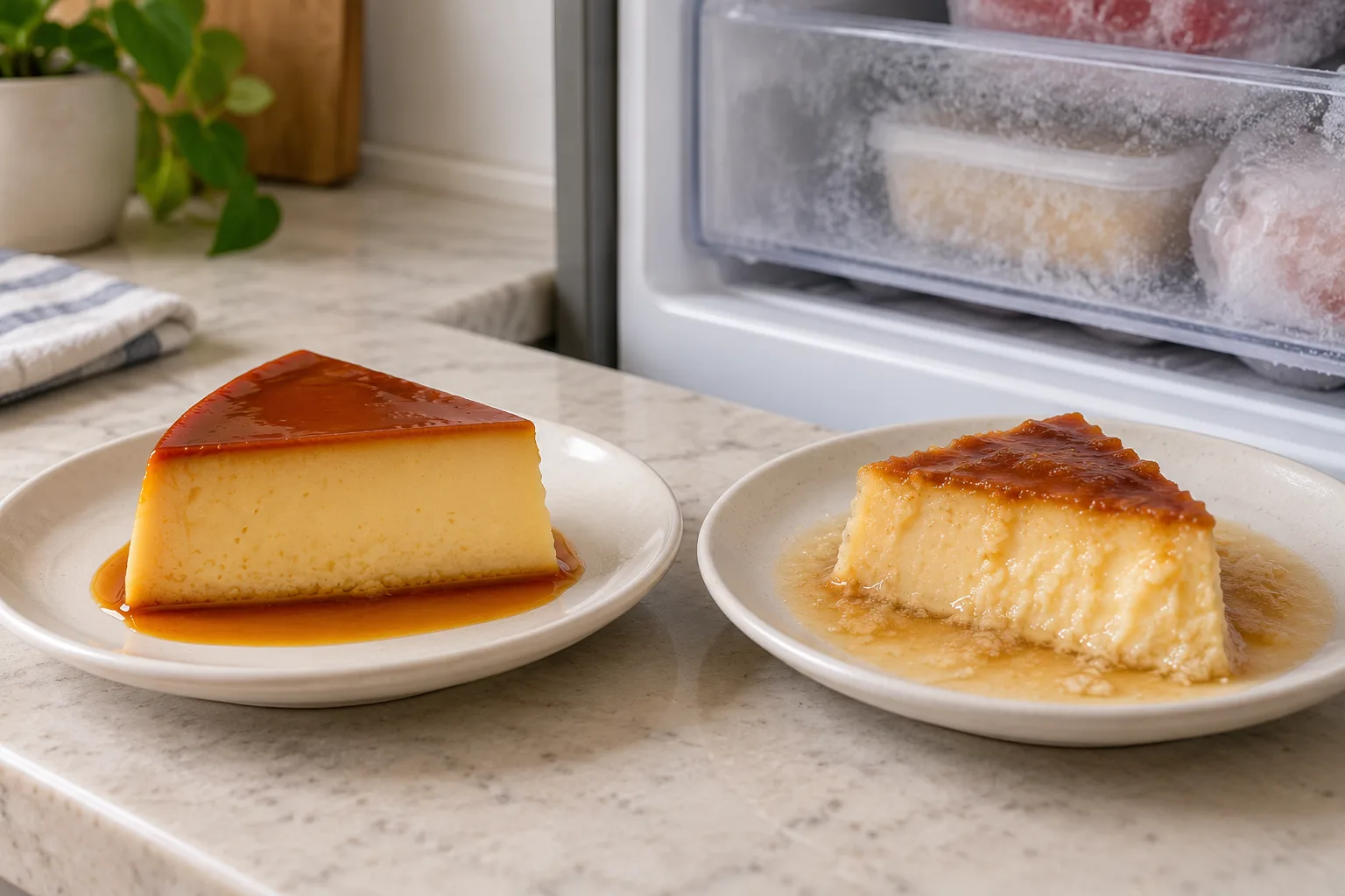 Comparación de un flan fresco y otro que ha perdido textura al descongelarse