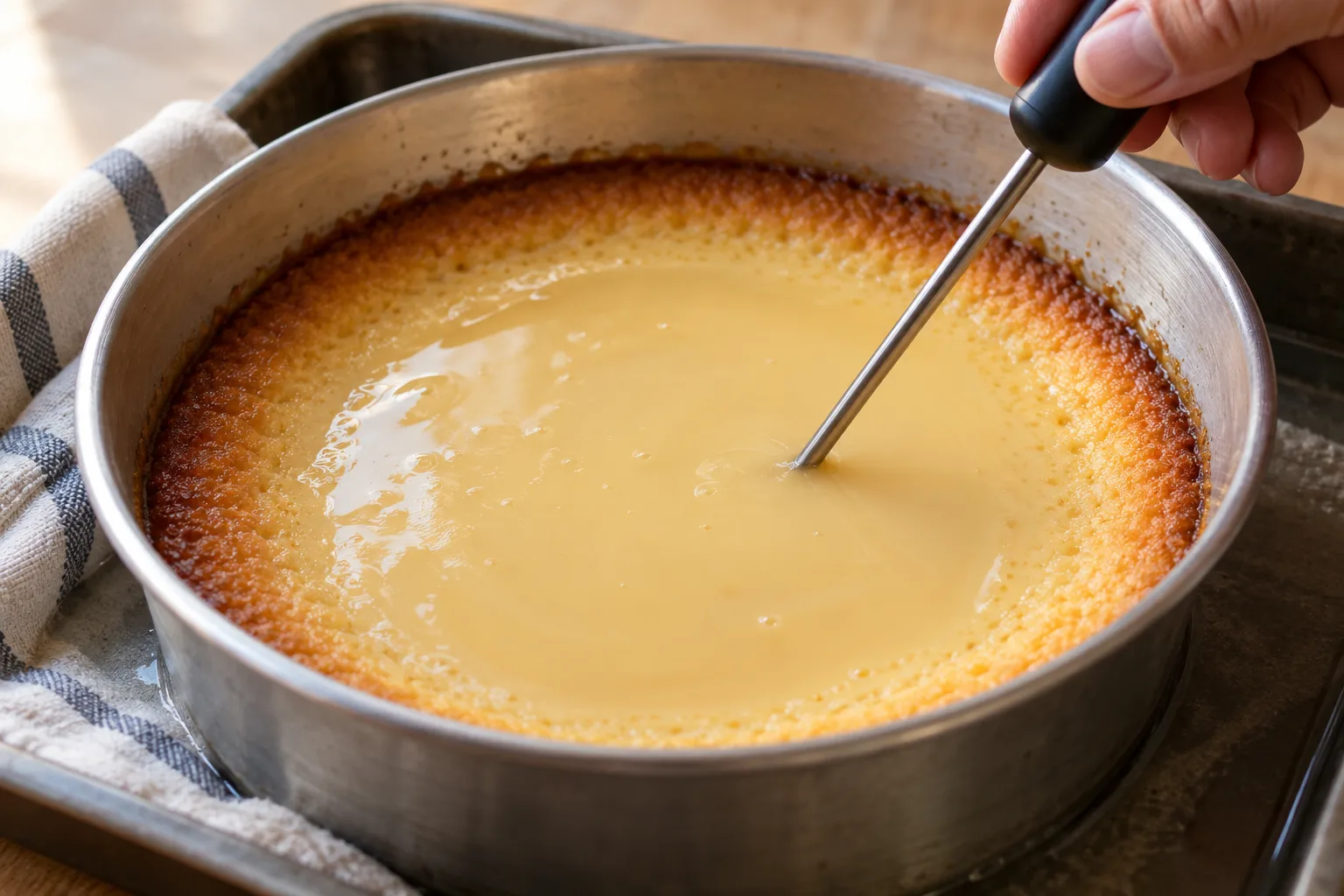 Centro de un flan todavía líquido comprobado con un termómetro