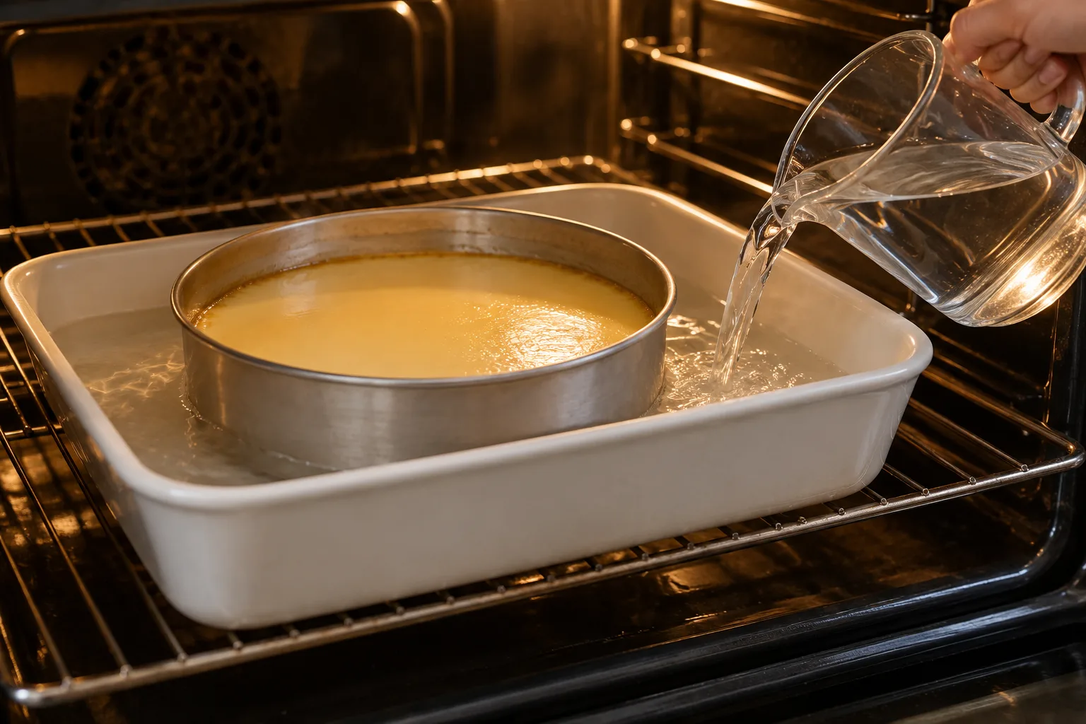 Agua caliente añadiéndose al baño María de un molde de flan