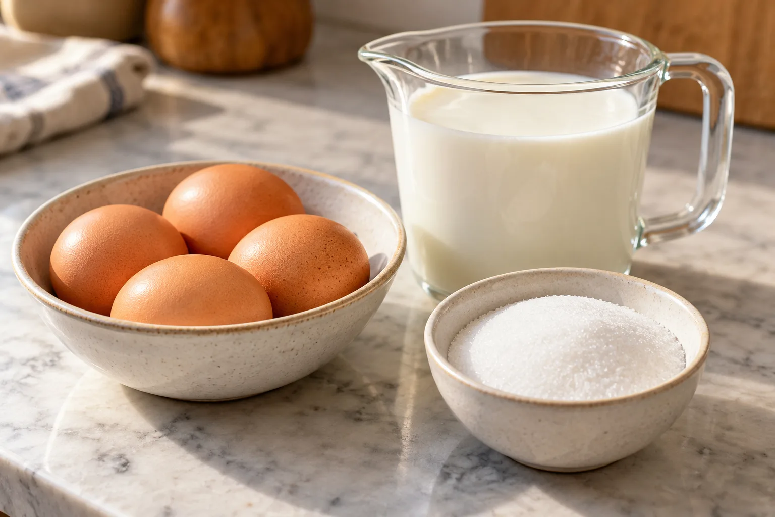 Huevos, leche y azúcar medidos por separado para hacer flan