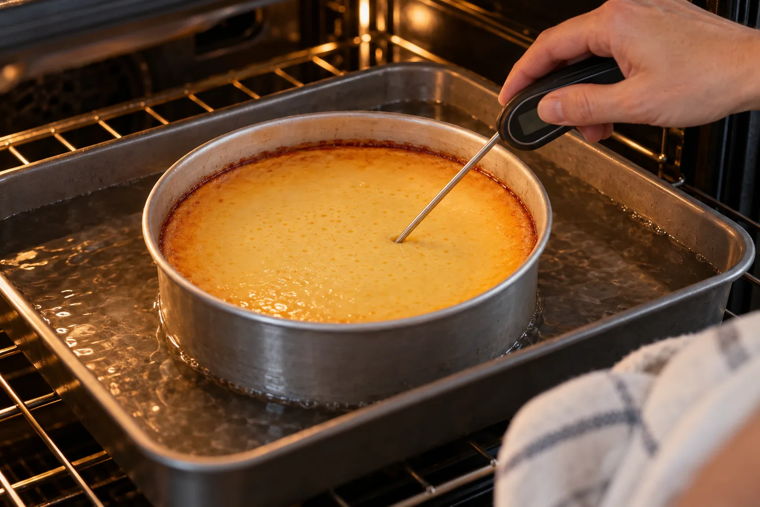 Comprobación de la cocción de un flan dentro del baño María