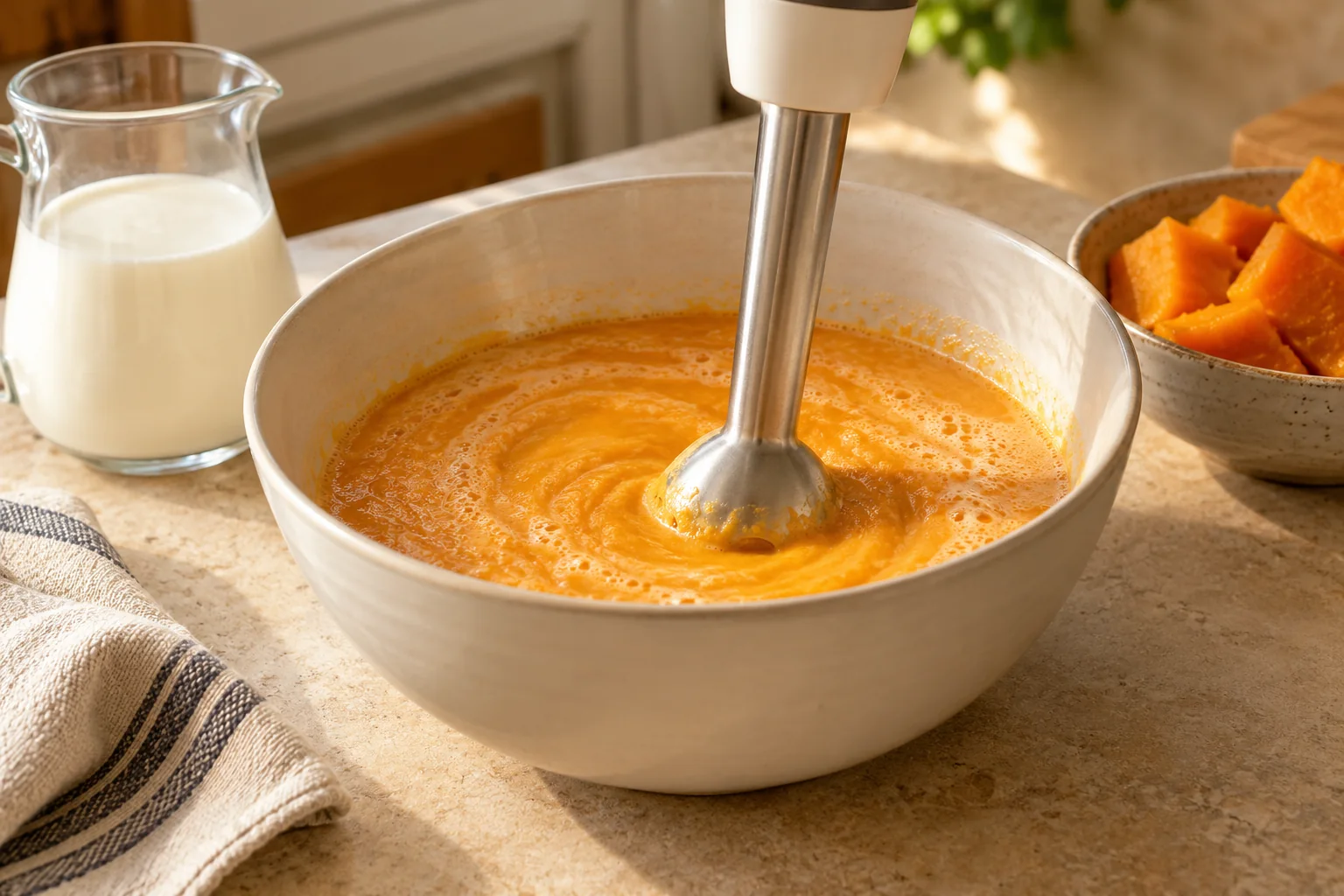 Tritura la calabaza con la leche — Flan de calabaza casero