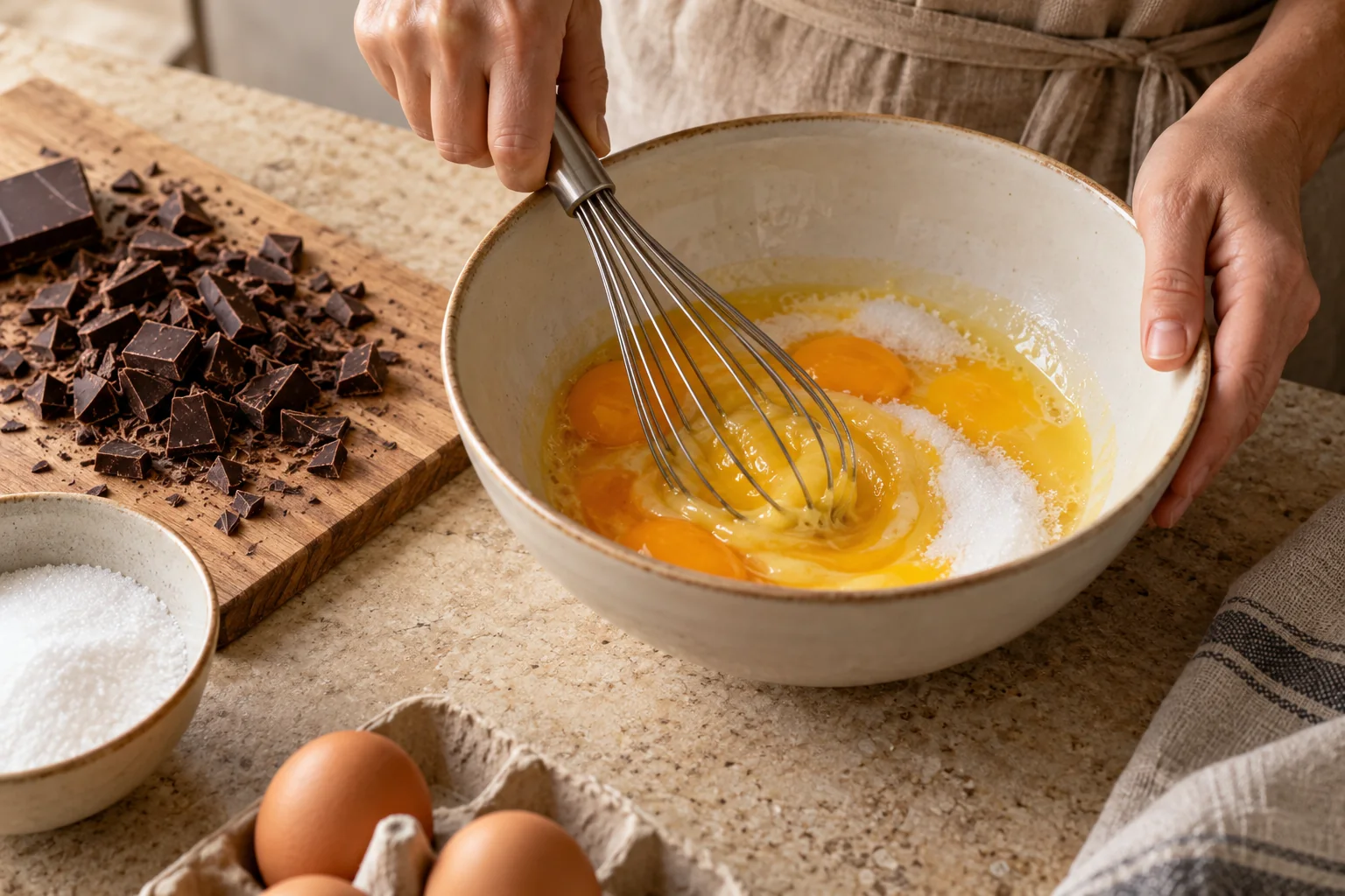 Mezcla huevos y azúcar — Flan de chocolate
