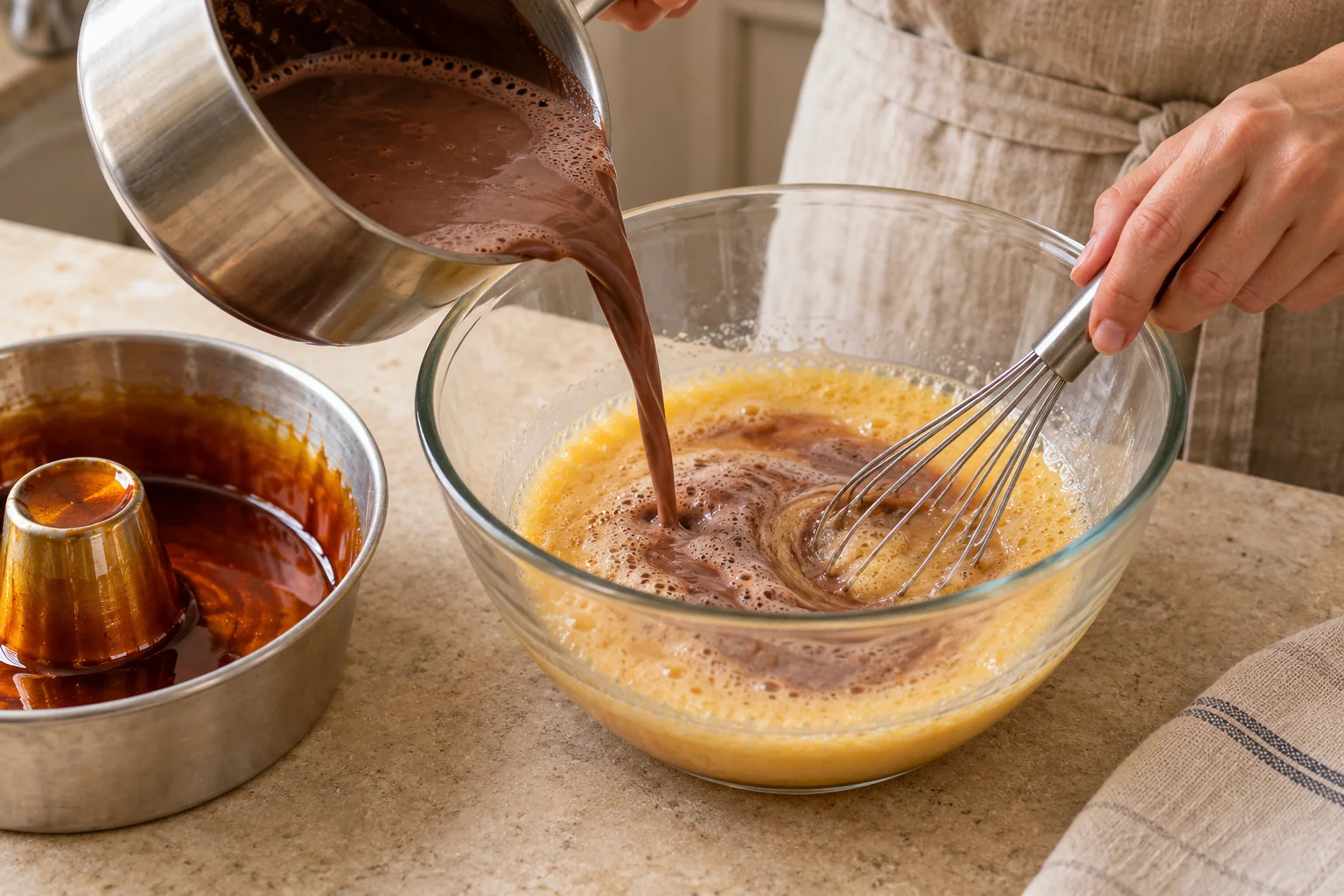 Incorpora la leche templada — Flan de chocolate