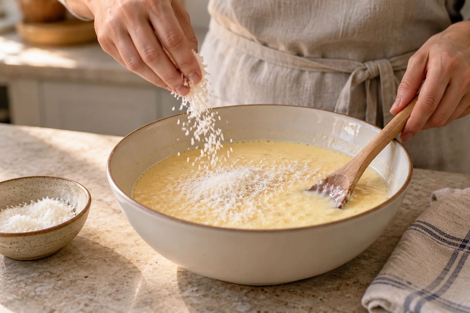 Añade el coco rallado — Flan de coco