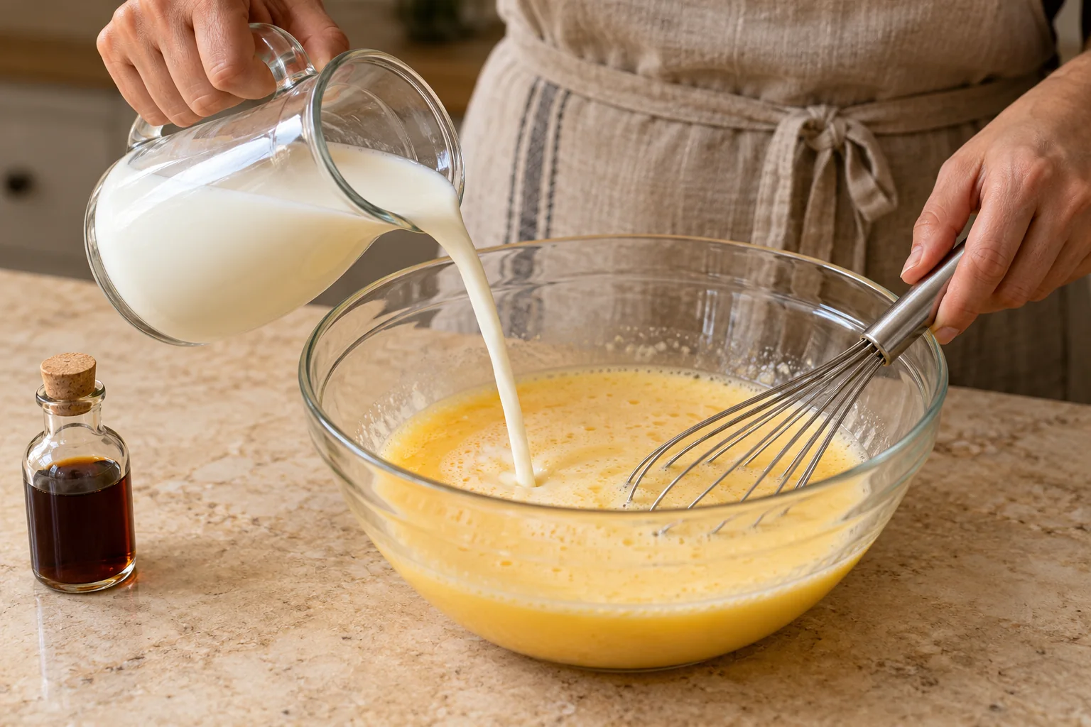 Añade leche y vainilla — Flan de huevo tradicional