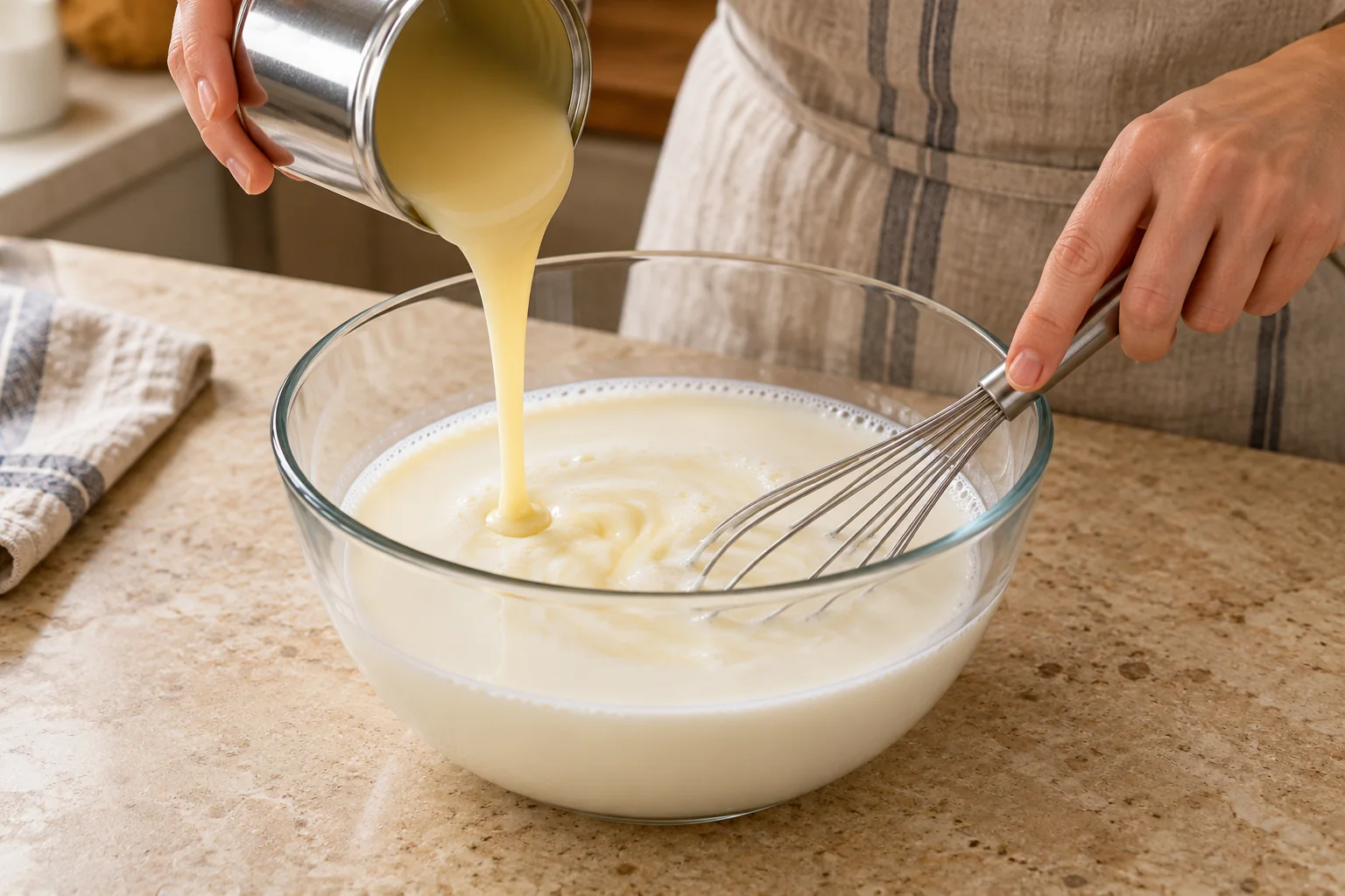 Mezcla las dos leches — Flan de leche condensada