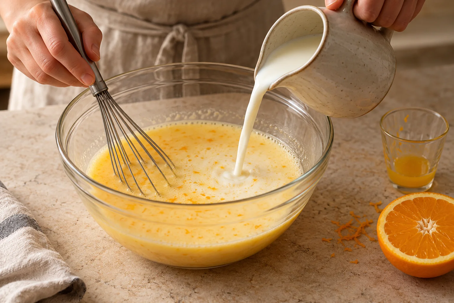 Añade zumo y leche — Flan de naranja casero fácil