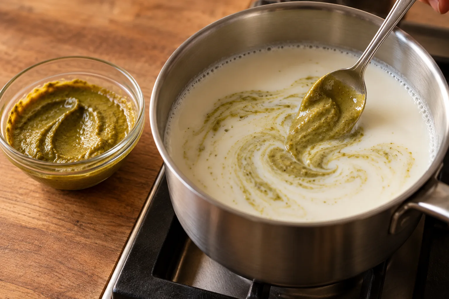 Disuelve el pistacho en la leche — Flan de pistacho casero