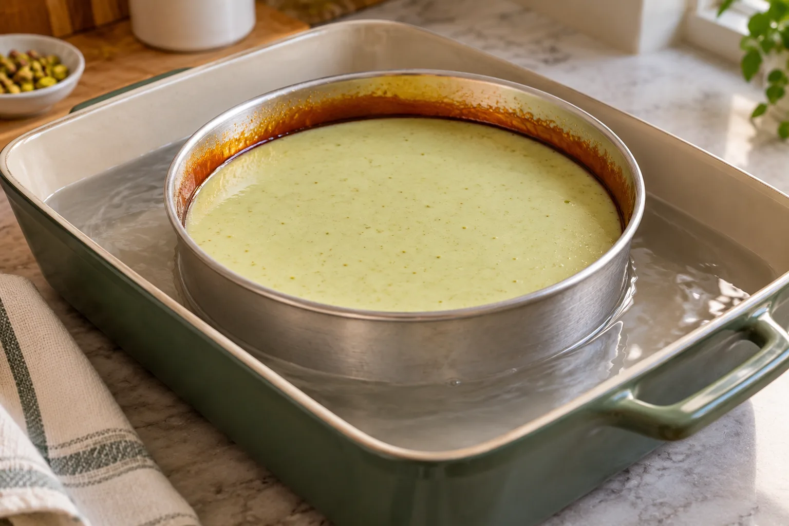 Hornea al baño María — Flan de pistacho casero