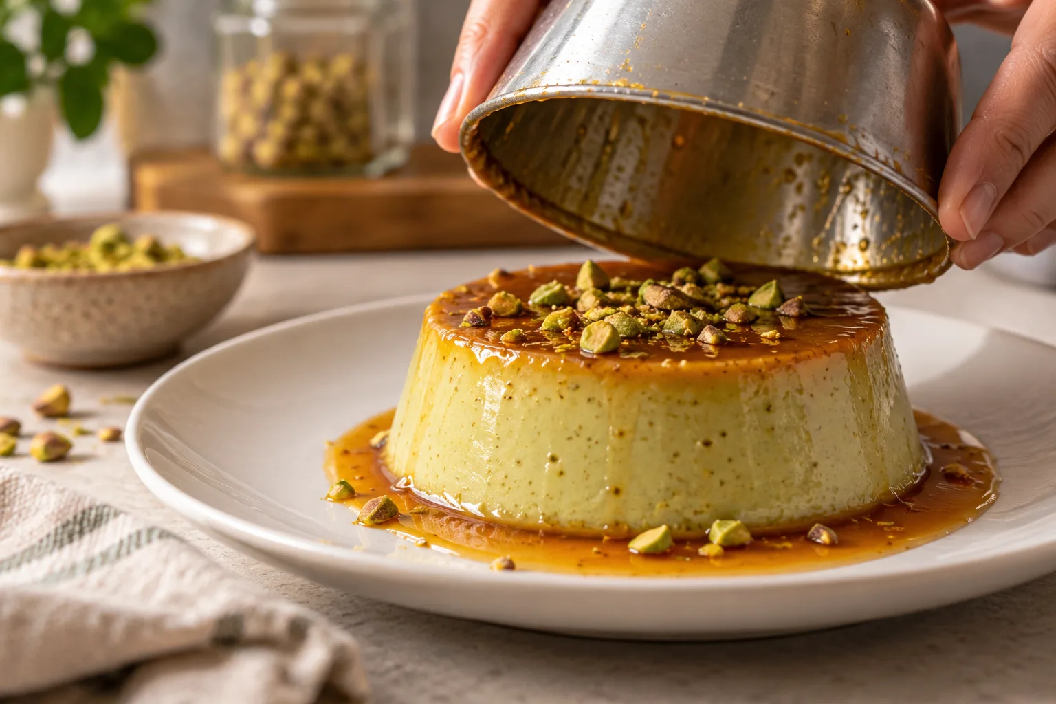 Enfría, desmolda y decora — Flan de pistacho casero