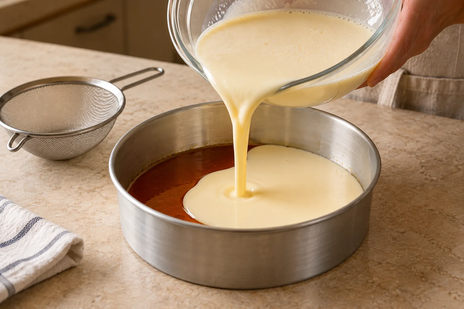 Llena el molde caramelizado — Flan de queso
