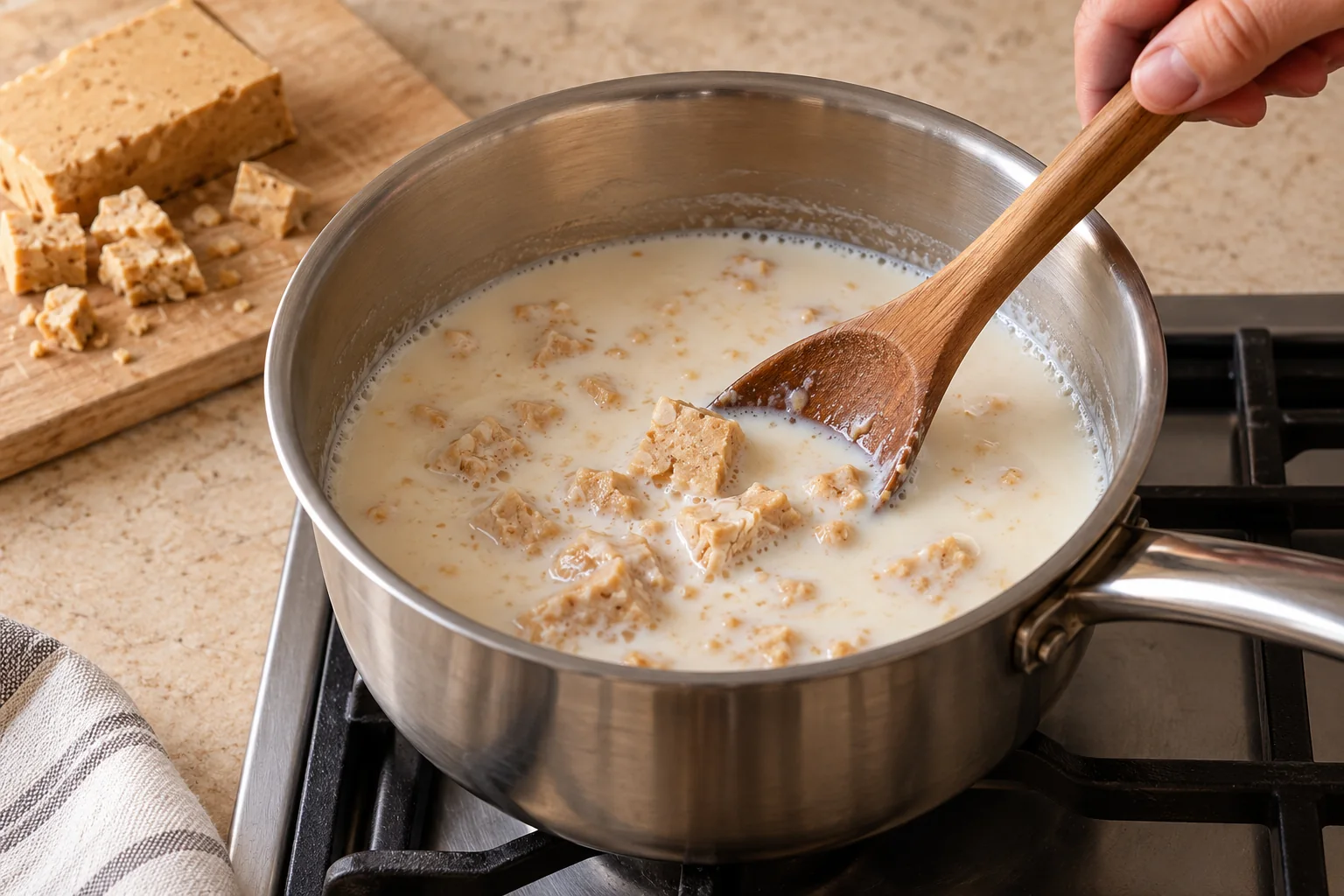 Ablanda el turrón en la leche — Flan de turrón de Jijona
