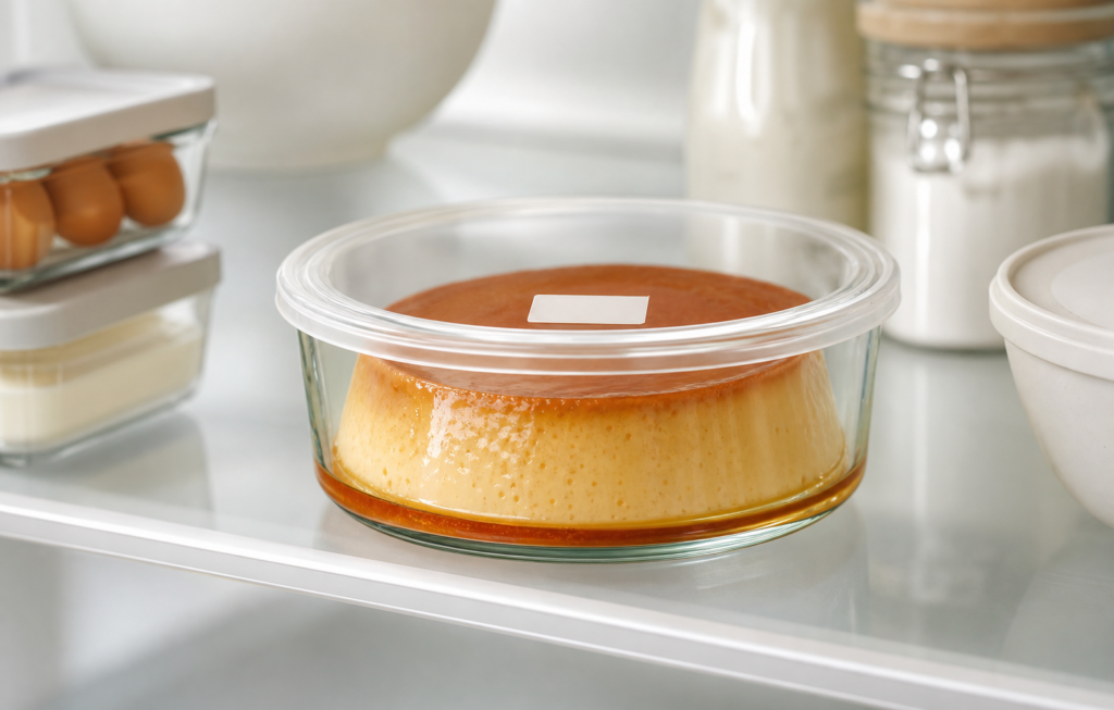 Flan casero guardado de forma segura en la nevera