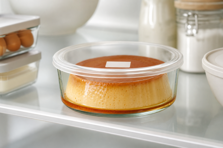 Flan casero guardado de forma segura en la nevera