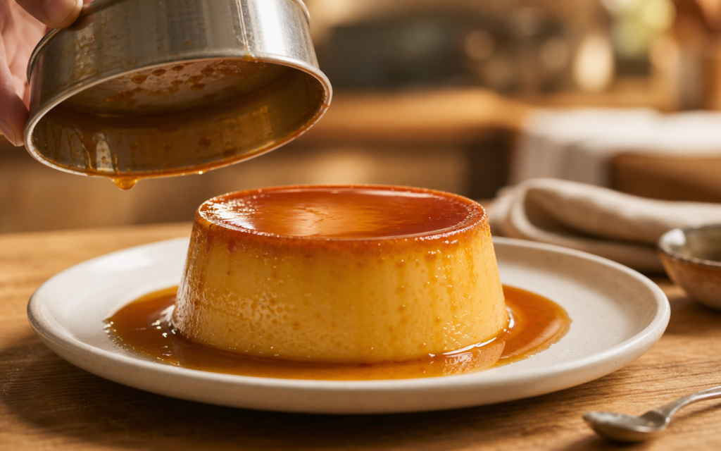 Flan casero desmoldado con caramelo brillante