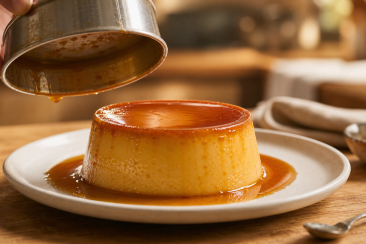 Flan casero desmoldado con caramelo brillante