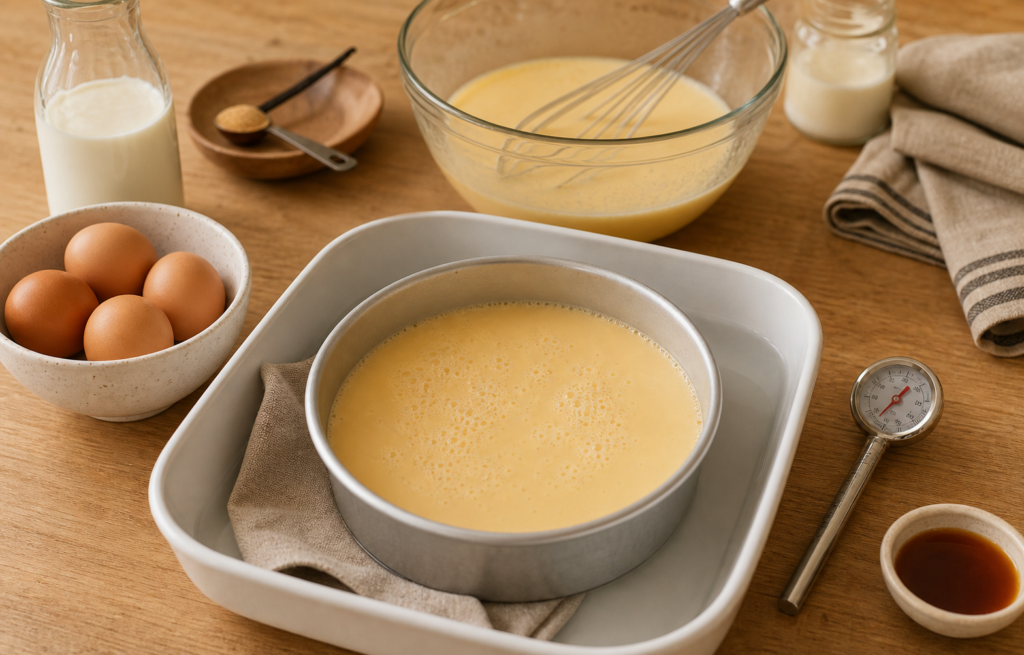 Ingredientes y molde para solucionar un flan que no cuaja