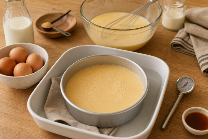 Ingredientes y molde para solucionar un flan que no cuaja