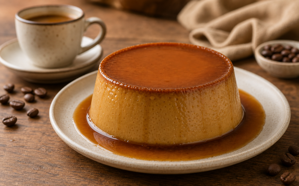 Flan de café cremoso con caramelo y aroma a café