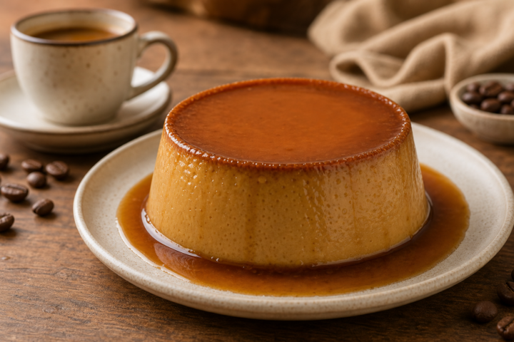 Flan de café cremoso con caramelo y aroma a café