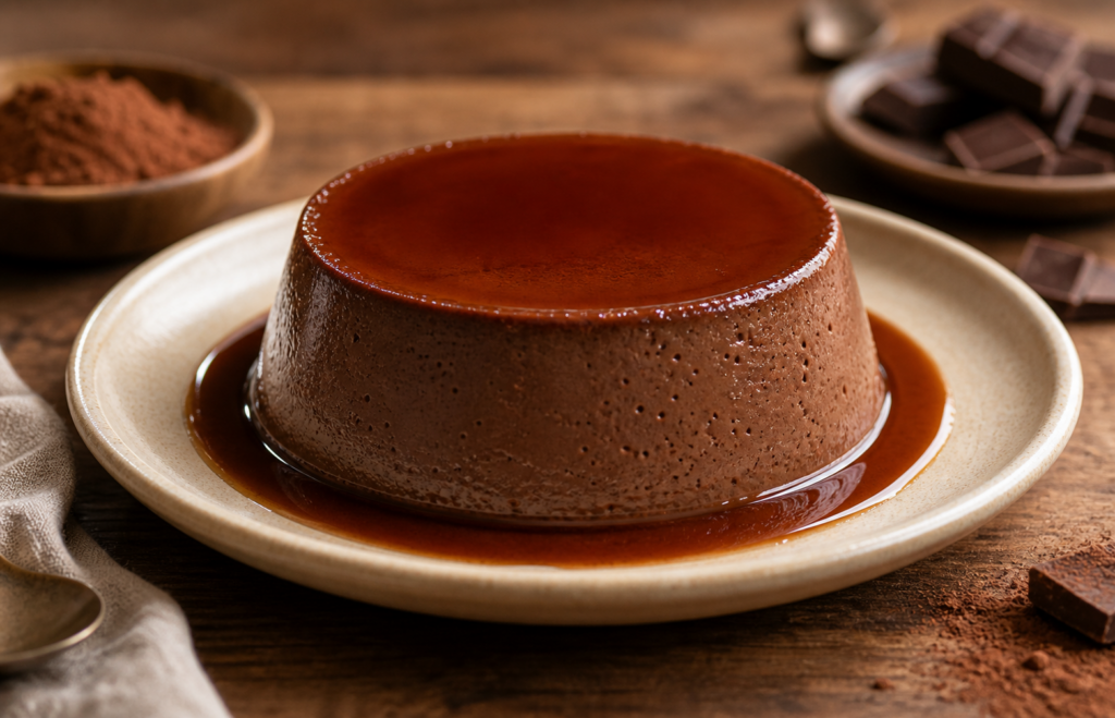 Flan de chocolate sedoso con cobertura brillante