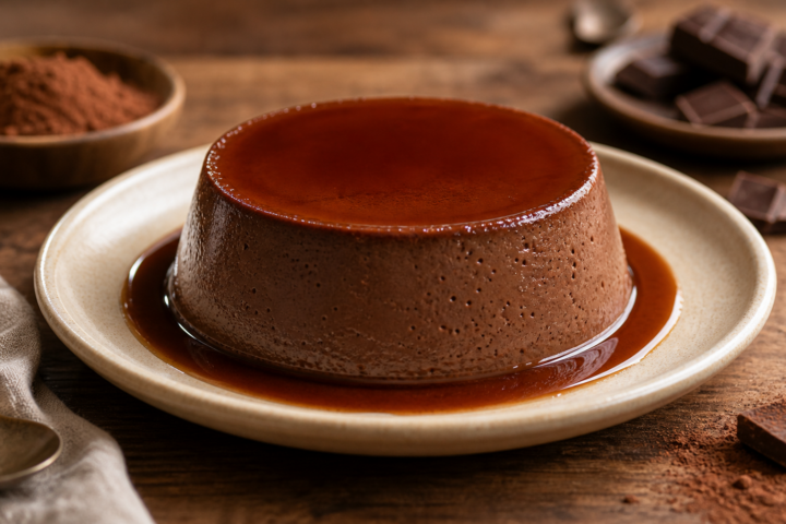 Flan de chocolate sedoso con cobertura brillante
