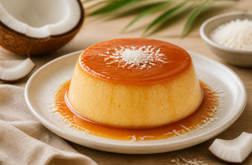 Flan de coco cremoso con caramelo y coco rallado