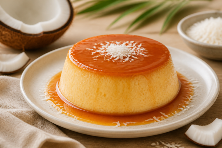Flan de coco cremoso con caramelo y coco rallado