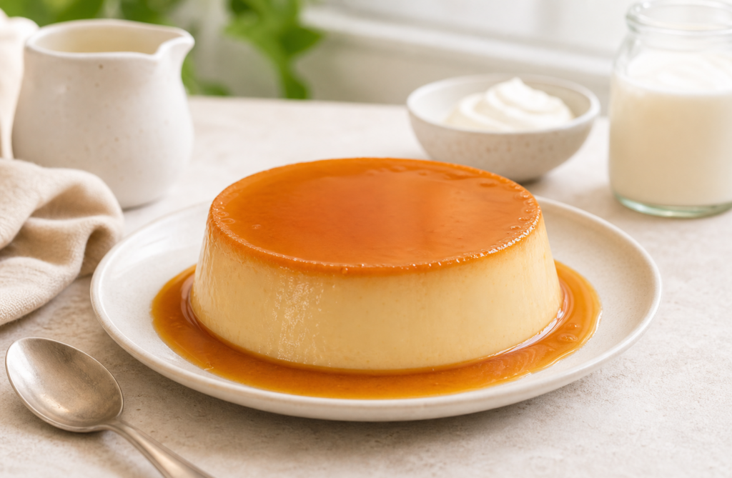 Flan sin horno fresco y cremoso con caramelo