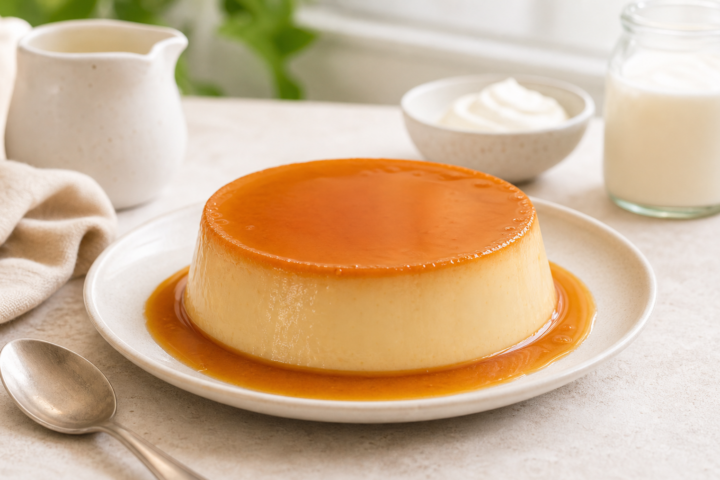 Flan sin horno fresco y cremoso con caramelo