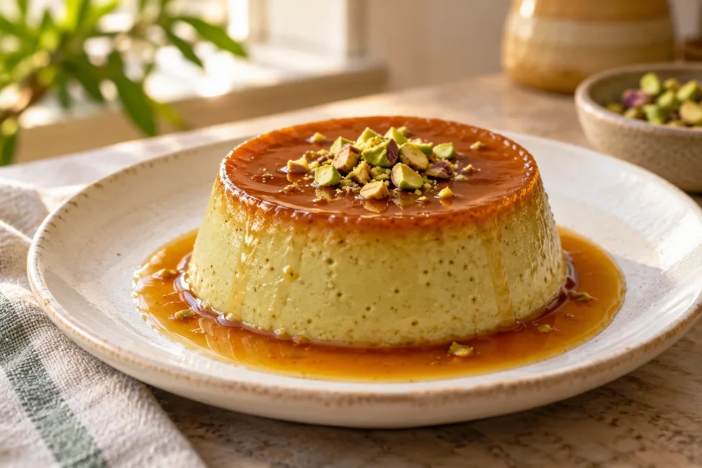 Flan de pistacho casero con caramelo y pistachos picados