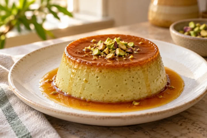 Flan de pistacho casero con caramelo y pistachos picados